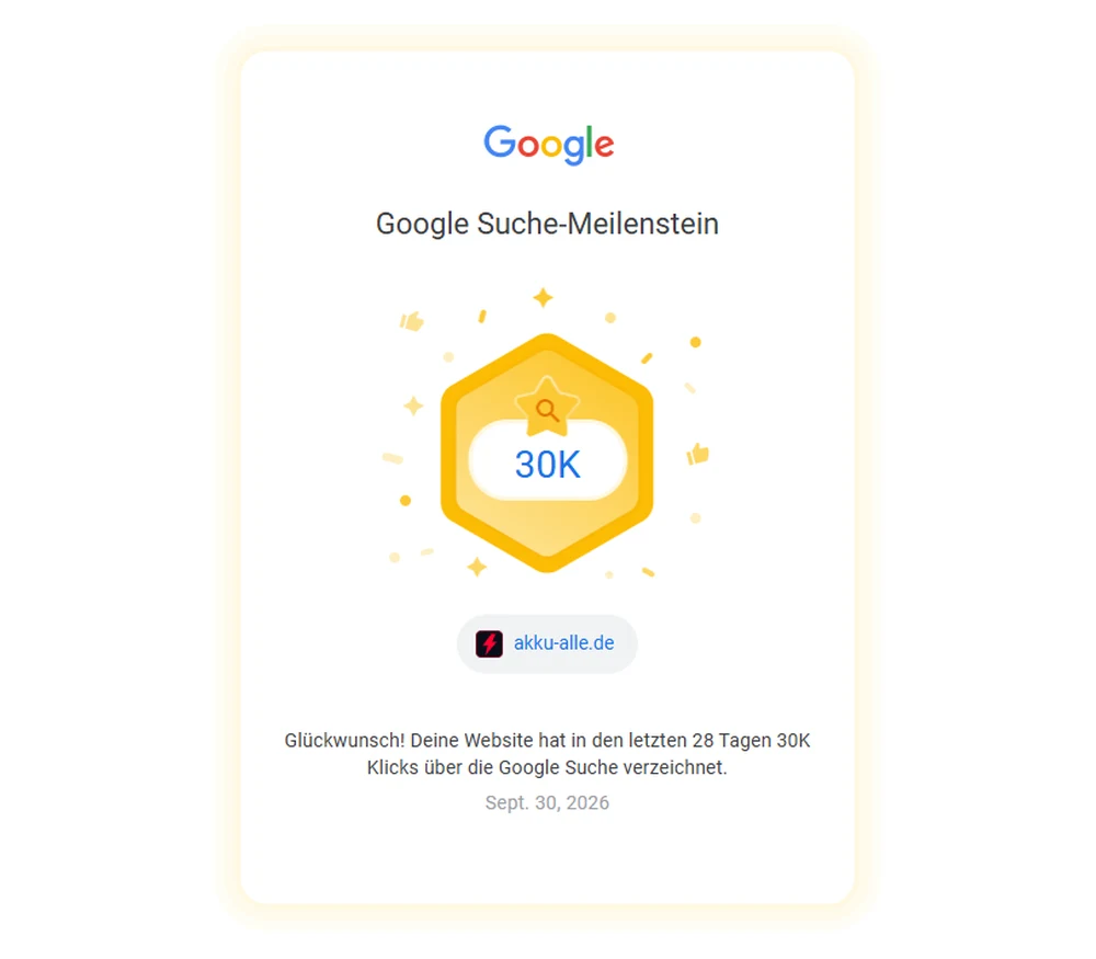 Google Search Console, Meilenstein 30.000 Klicks in 28 Tagen, bestätigt am 30.09.2026