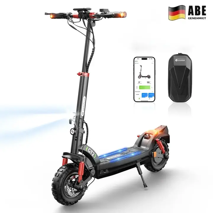 isinwheel GT2 in der Seitenansicht, dazu Akku und App-Ansicht