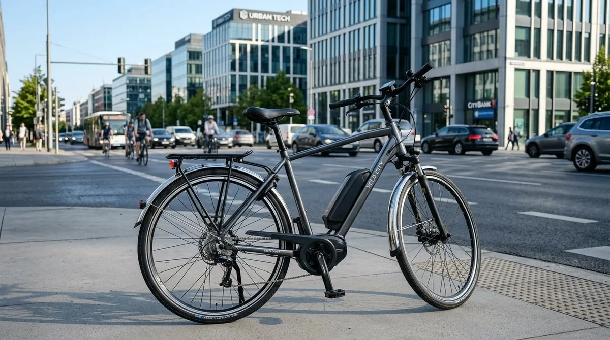 City-E-Bike mit Schutzblechen und Gepäckträger im Stadtverkehr