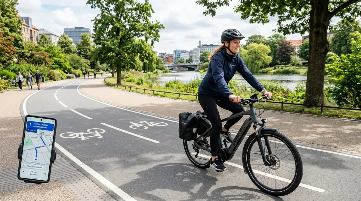 E-Bike auf einer Alltagsroute mit Karte zur Reichweitenplanung